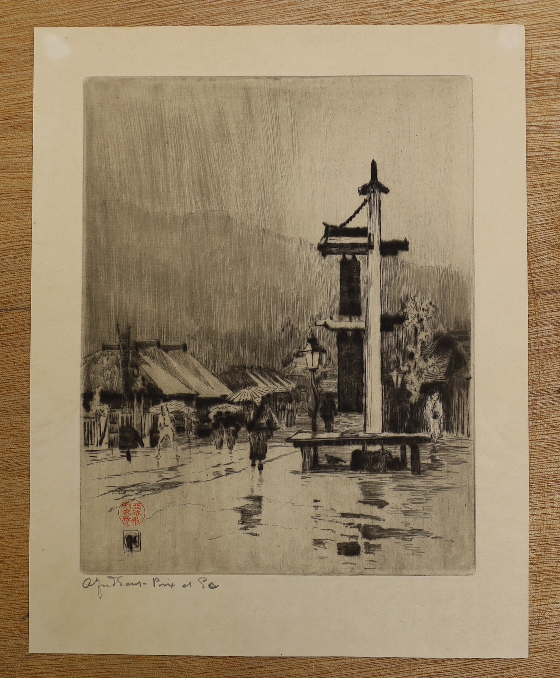 Sir Alfred East (1849-1913), drypoint etching, 'A Wet Day at Hakone', signed in pencil, 22.5 x 17.5cm, unframed